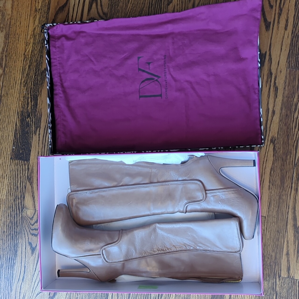 Diane von Furstenburg tan high heel boots size 9